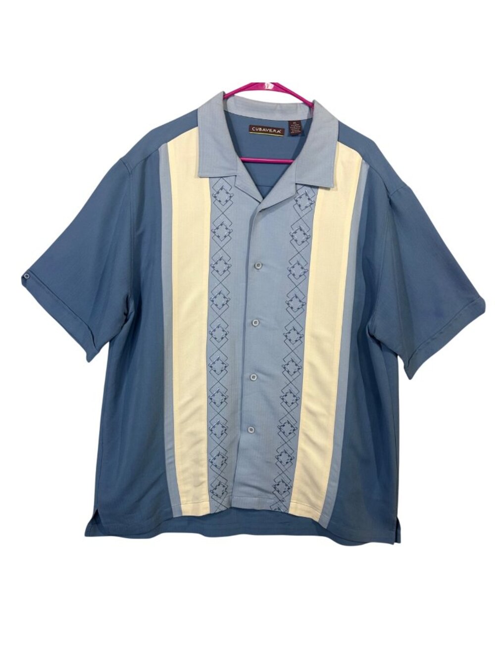 Cubavera Blue & Cream Mens Button-Up Guayabera Shirt XL Short Sleeve EUC